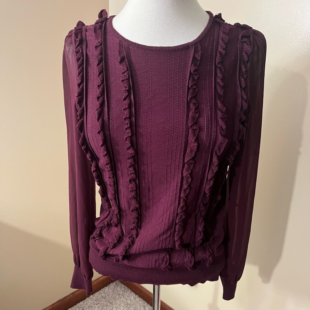 WHBM Burgundy/Wine Ruffle Front Sheer Sleeve Shirt Sz S